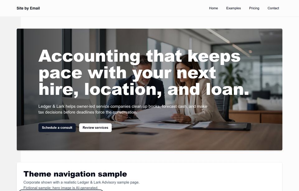 High-resolution screenshot of the Ledger & Lark Advisory corporate example page