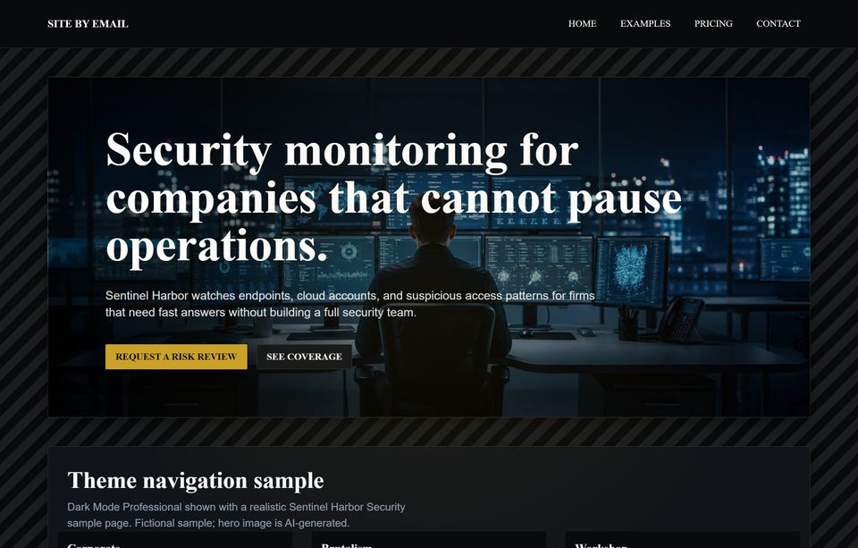 High-resolution screenshot of the Sentinel Harbor Security dark mode professional example page