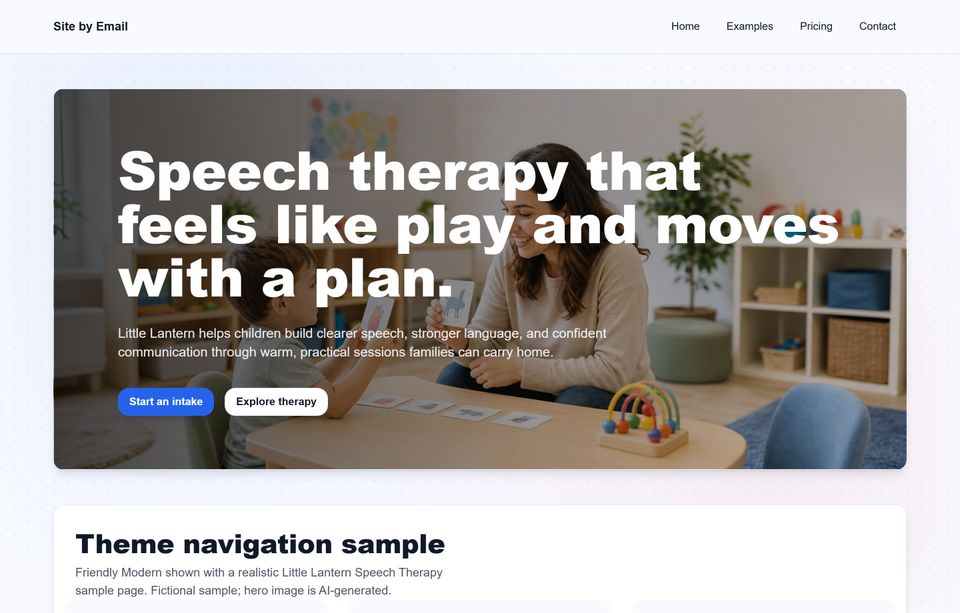High-resolution screenshot of the Little Lantern Speech Therapy friendly modern example page