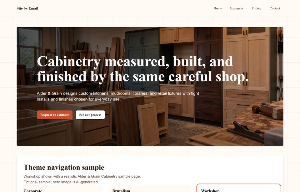 High-resolution screenshot of the Alder & Grain Cabinetry workshop example page